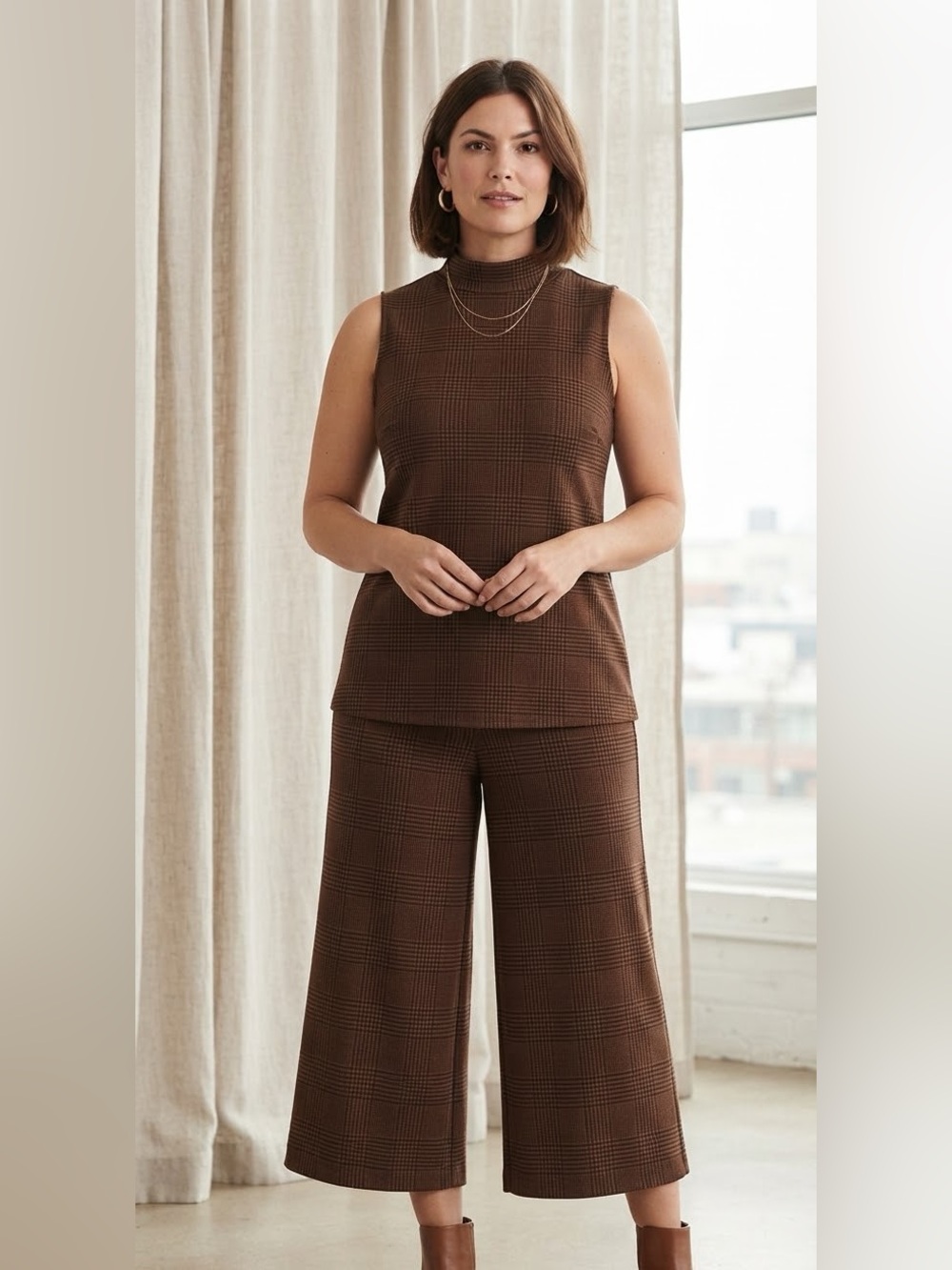 Susan Graver Brown Plaid Sleeveless Mockneck Top w/ Wide-Leg Crop Pants Set